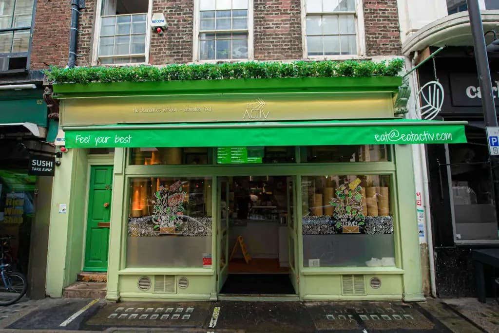 Brewer Street Eat Activ shopfront with green awning